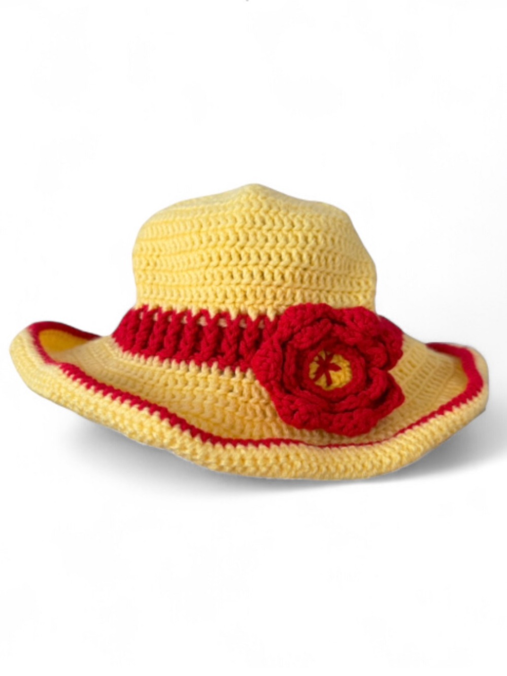 Handmade Knit Crochet Flower Rose Floppy Brim Hat Rosette Floret
